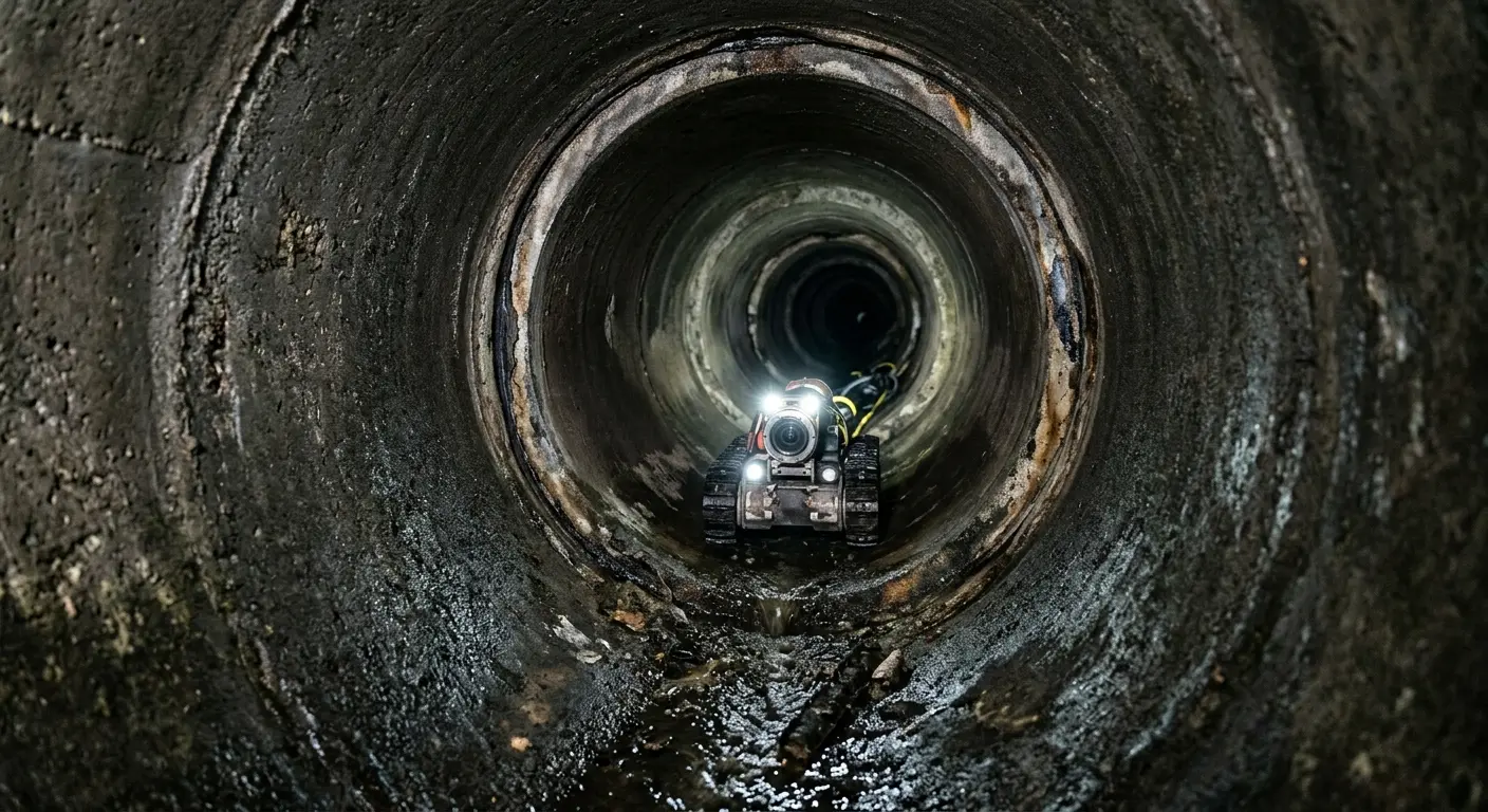 Robotic sewer camera inspecting pipe interior for Sewer Line Cleaning in Wilton