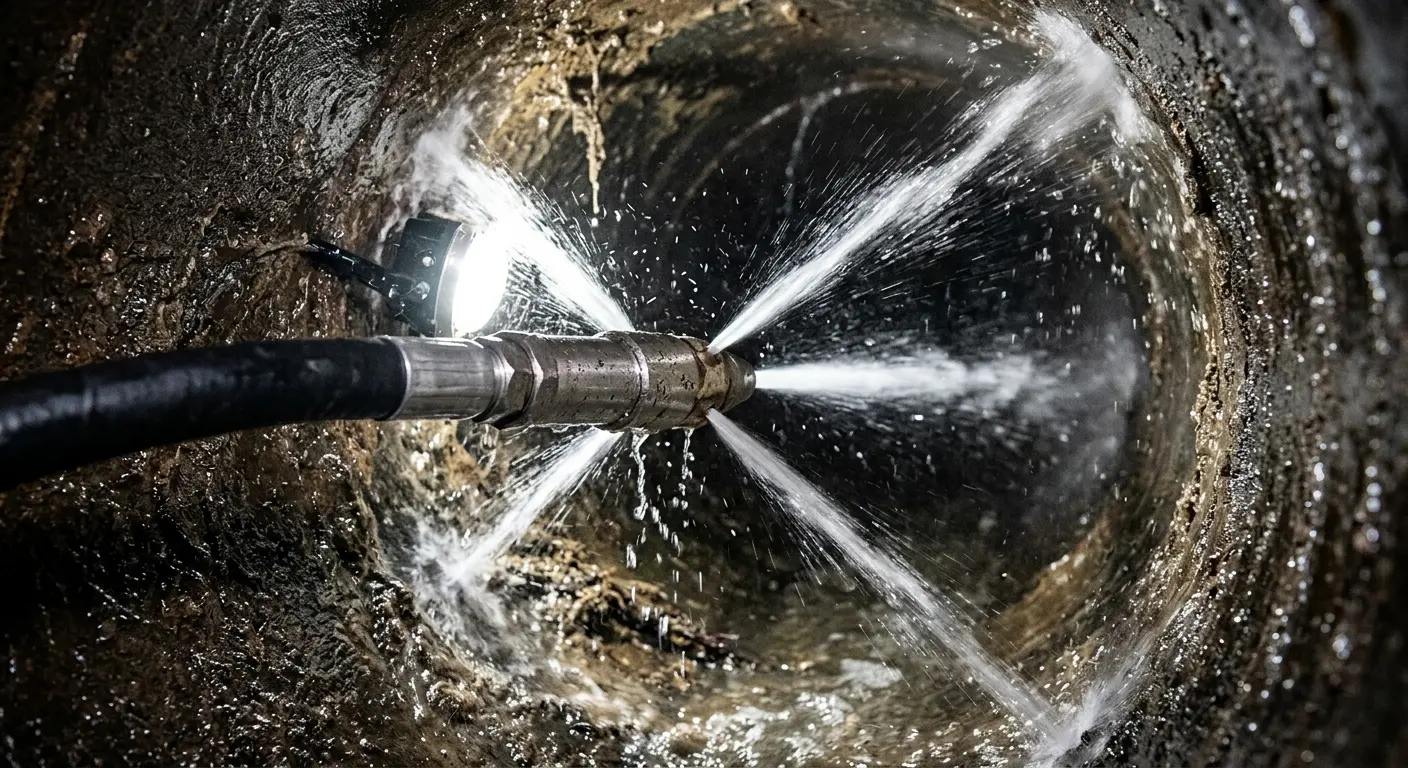 High-pressure hydro jetting nozzle cleaning sewer pipe for Emergency Drain Service in Wilton