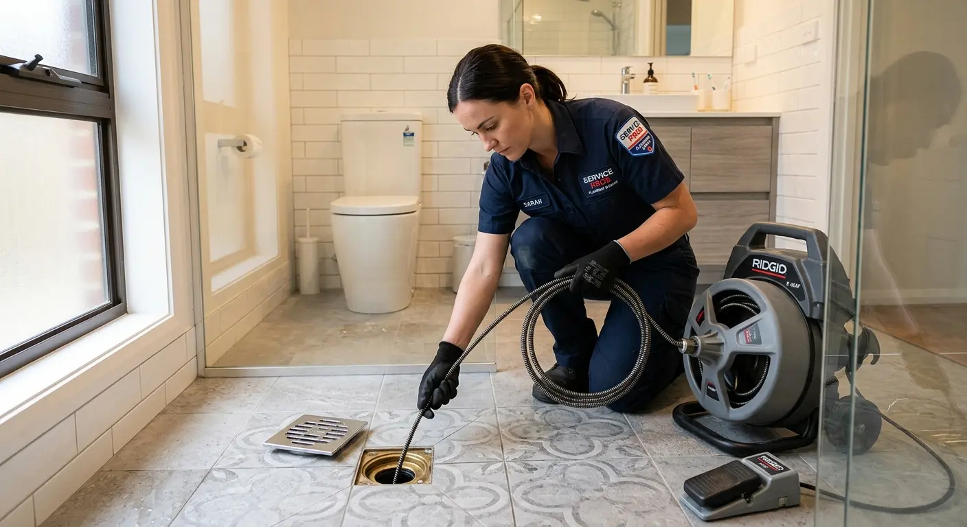 Technician clearing a bathroom floor drain for Drain Repair in Wilton